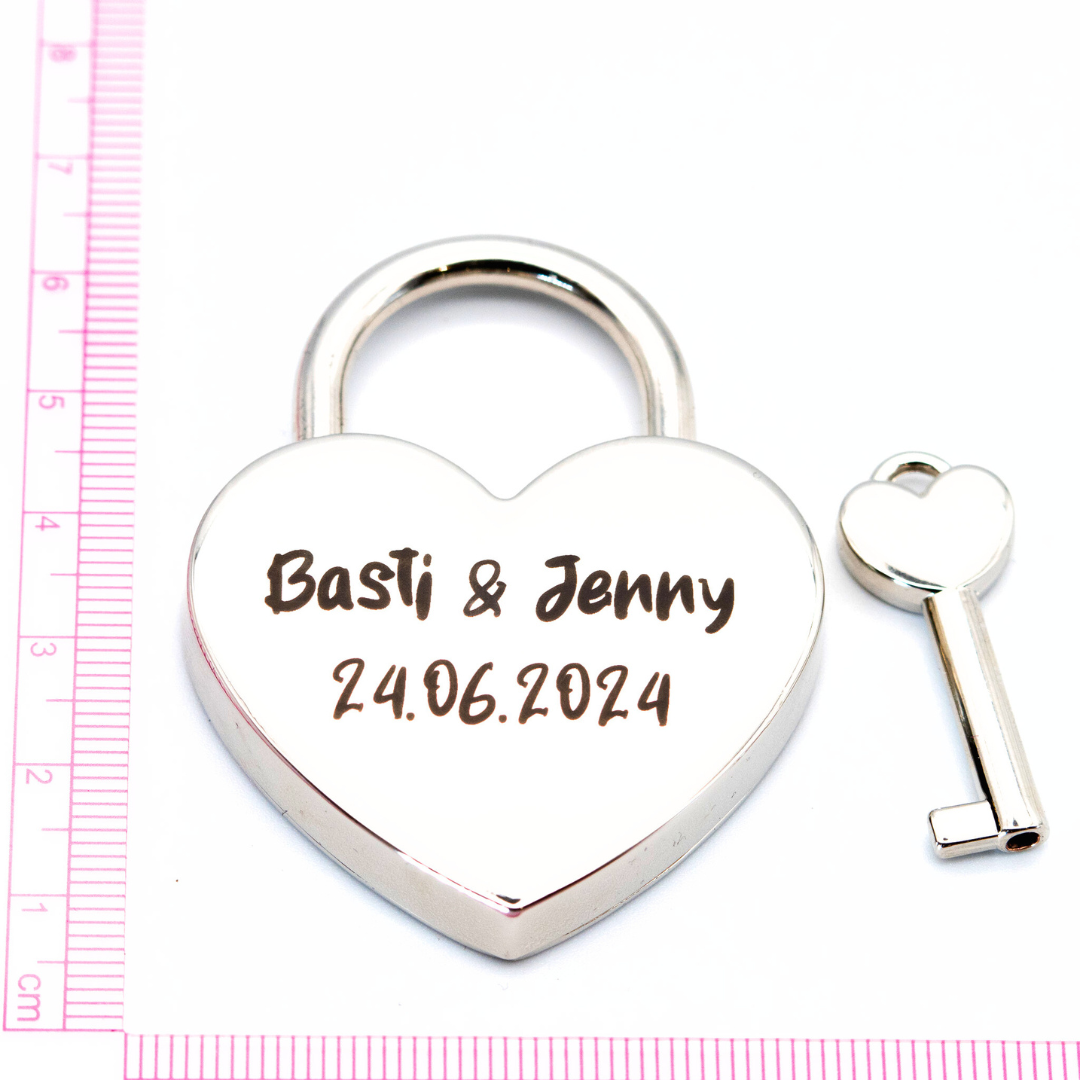 Herz-Liebesschloss groß (silber) mit personalisierter Lasergravur – Das perfekte Geschenk für Verliebte!