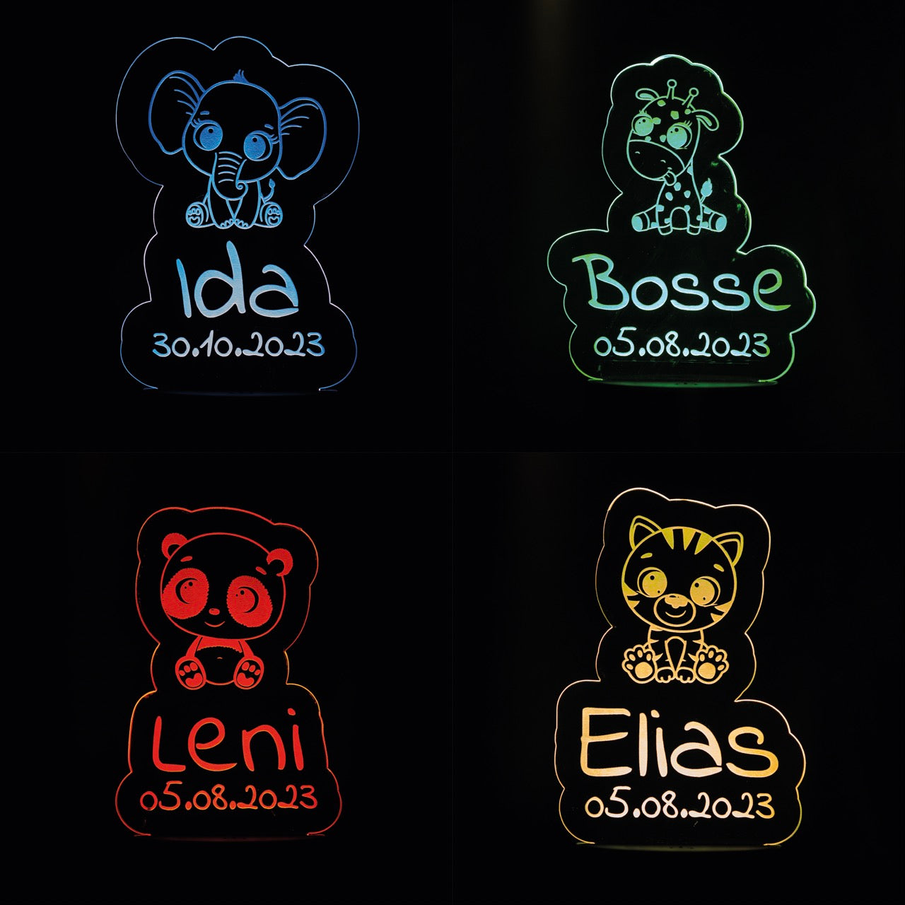 Nachtlicht Baby Tiere mit Name und Datum. Perfektes Geschenk zur Geburt. RGB Beleuchtung mit Fernbedienung. Batterie oder USB betrieben - Lovely Laser Design
