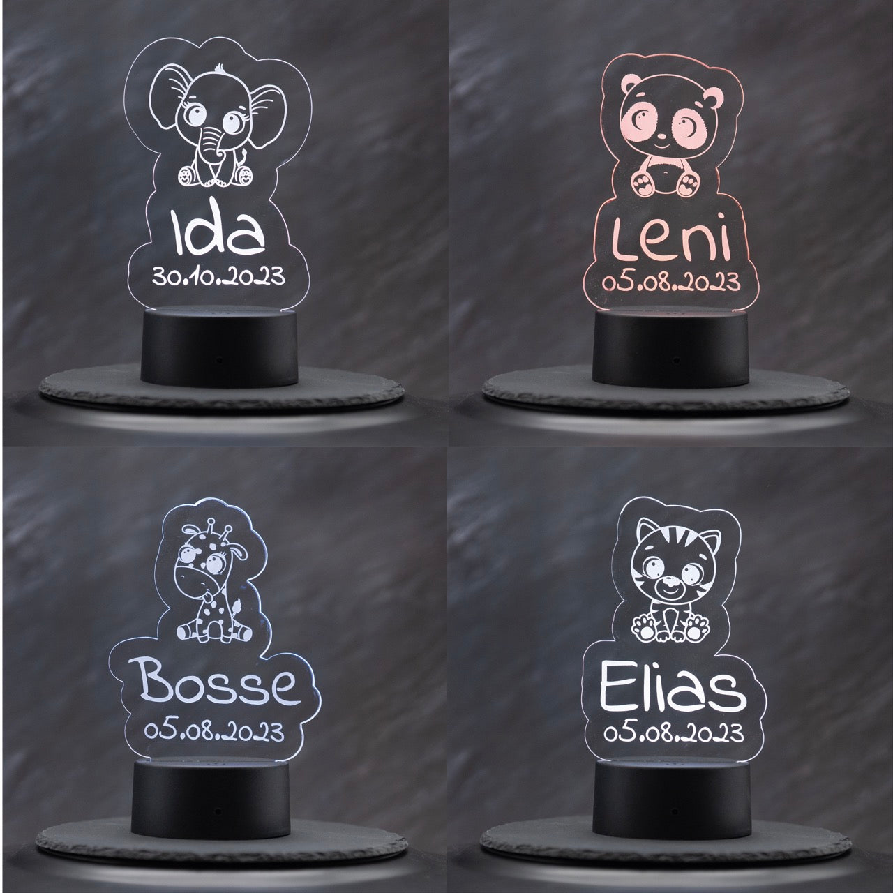 Nachtlicht Baby Tiere mit Name und Datum. Perfektes Geschenk zur Geburt. RGB Beleuchtung mit Fernbedienung. Batterie oder USB betrieben - Lovely Laser Design