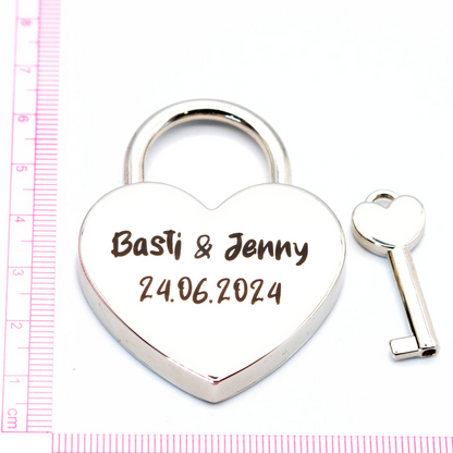 Herz-Liebesschloss groß (silber) mit personalisierter Lasergravur – Das perfekte Geschenk für Verliebte!
