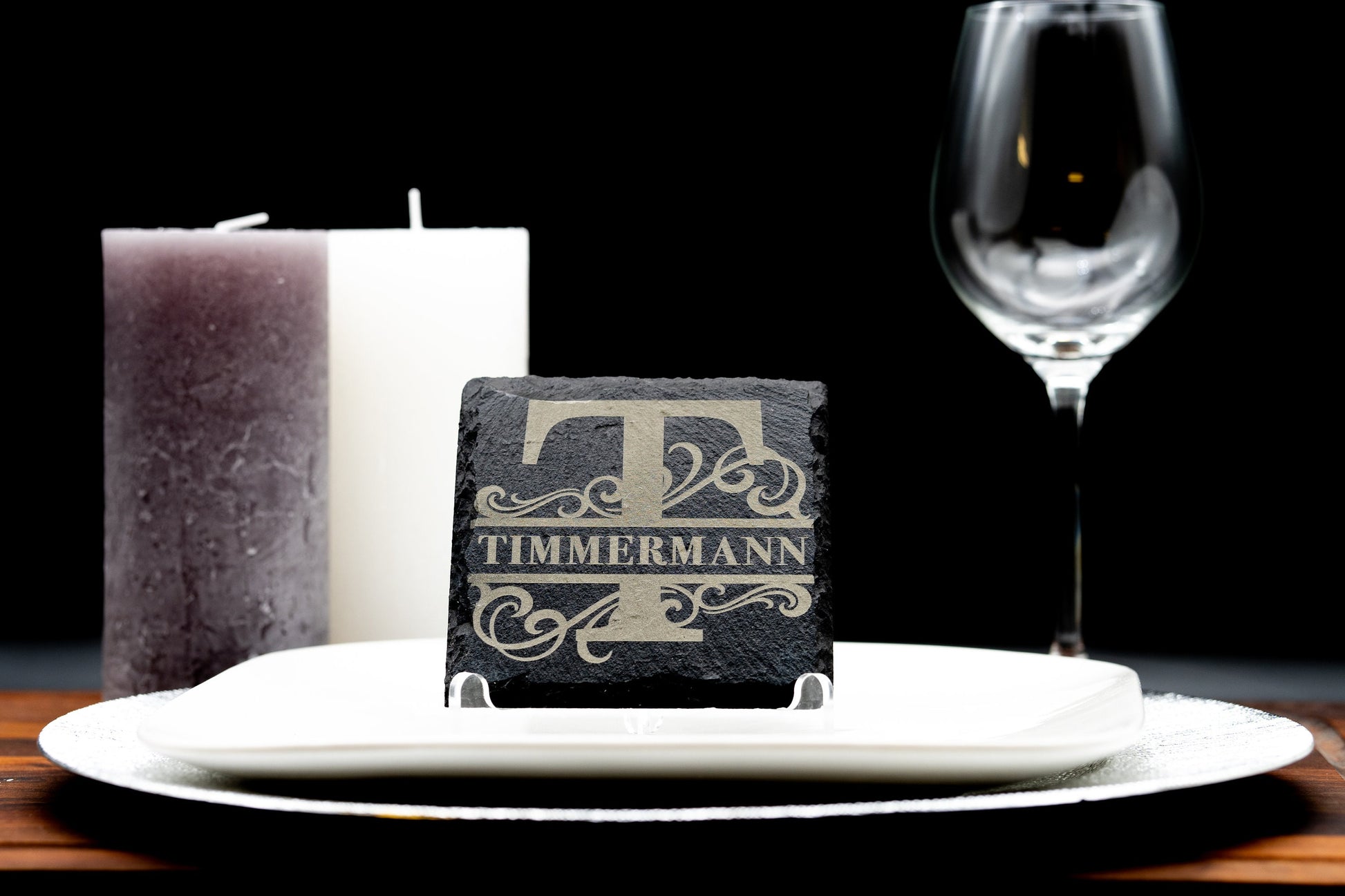 Untersetzer Schiefer Familie mit Monogramm personalisierte Lasergravur Motiv Ranken - Lovely Laser Design