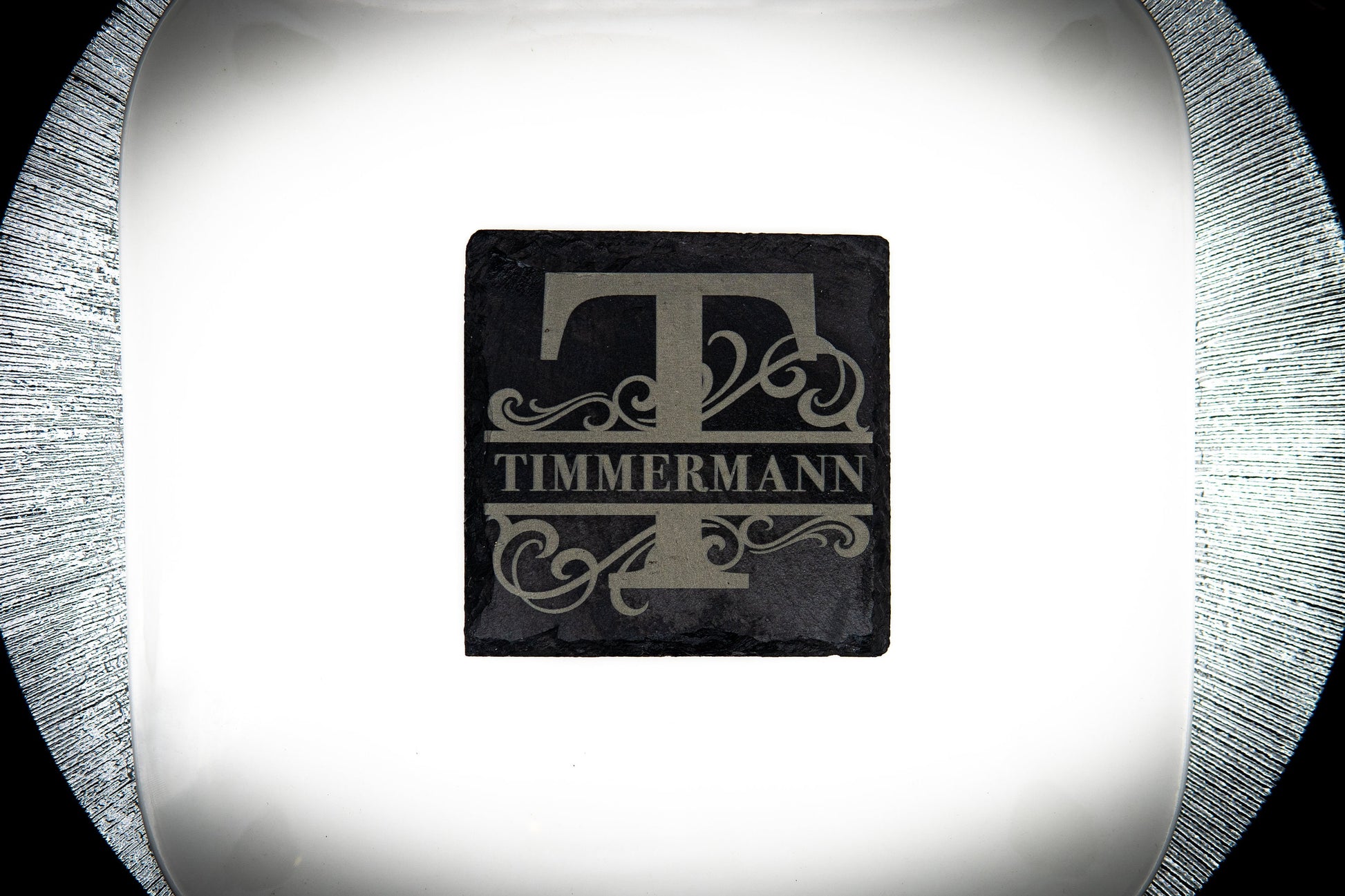 Untersetzer Schiefer Familie mit Monogramm personalisierte Lasergravur Motiv Ranken - Lovely Laser Design