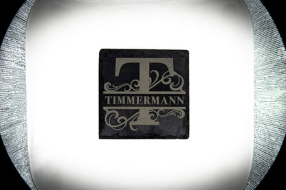 Untersetzer Schiefer Familie mit Monogramm personalisierte Lasergravur Motiv Ranken - Lovely Laser Design