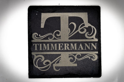 Untersetzer Schiefer Familie mit Monogramm personalisierte Lasergravur Motiv Ranken - Lovely Laser Design