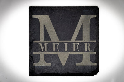 Untersetzer Schiefer Familie mit Monogramm personalisierte Lasergravur Motiv Druckbuchstabe - Lovely Laser Design
