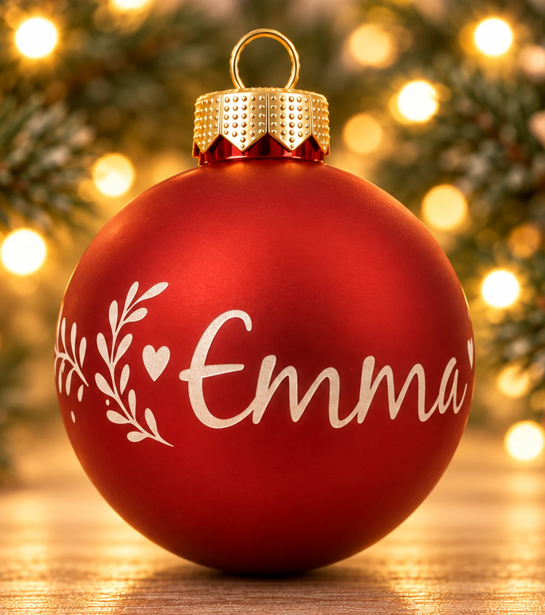 Rote Christbaumkugel aus Glas mit graviertem Kranz aus feinen Blattzweigen, Herzen und dem Namen Emma – Bild 2 von 3