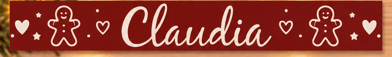 Rote Christbaumkugel aus Glas mit gravierten Lebkuchenmännchen, Sternen, Herzen und dem Namen Claudia – Bild 3 von 3
