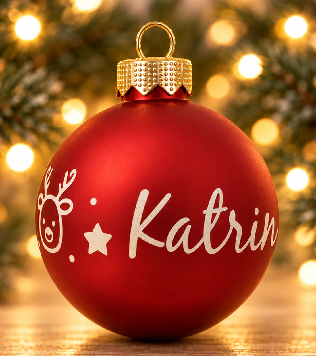 Rote Christbaumkugel aus Glas mit graviertem Rentiergesicht, Sternen und dem Namen Katrin – Bild 2 von 3