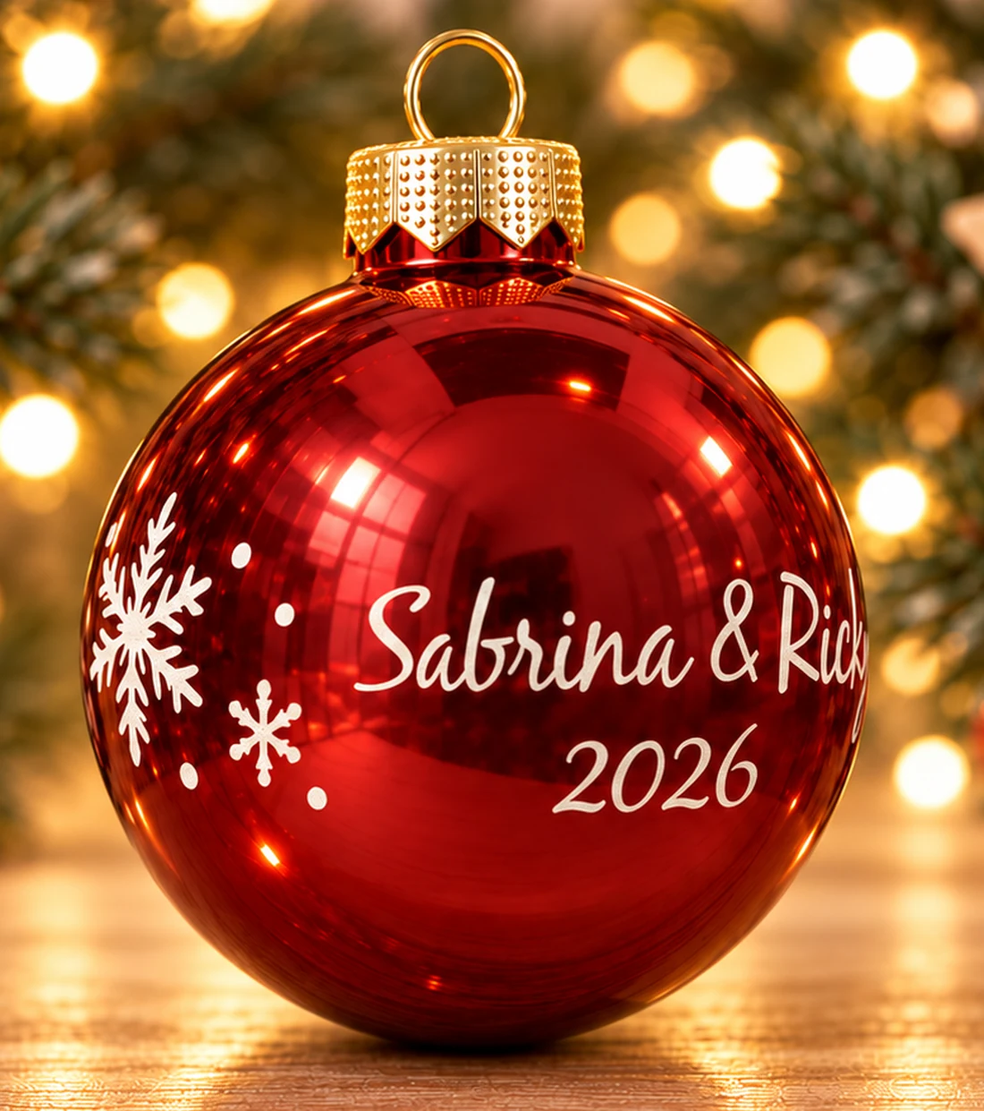 Rote Christbaumkugel aus Glas mit gravierten Schneeflocken und den Namen Sabrina & Ricky sowie der Jahreszahl 2026 – Bild 2 von 3