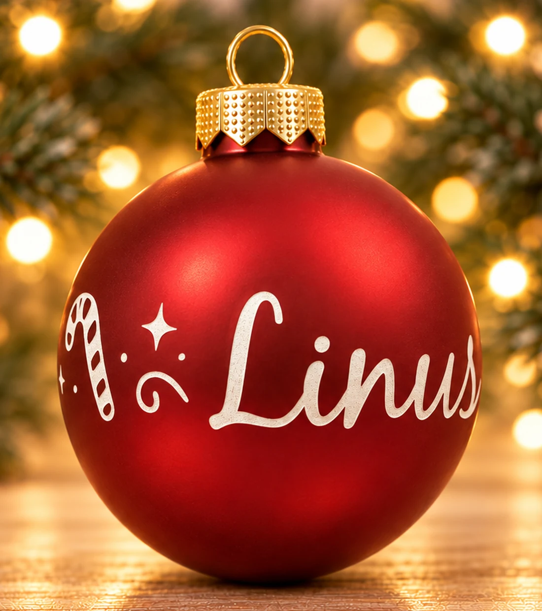 Rote Christbaumkugel aus Glas mit gravierten Zuckerstangen, Sternen, Schnörkeln und dem Namen Linus – Bild 2 von 3
