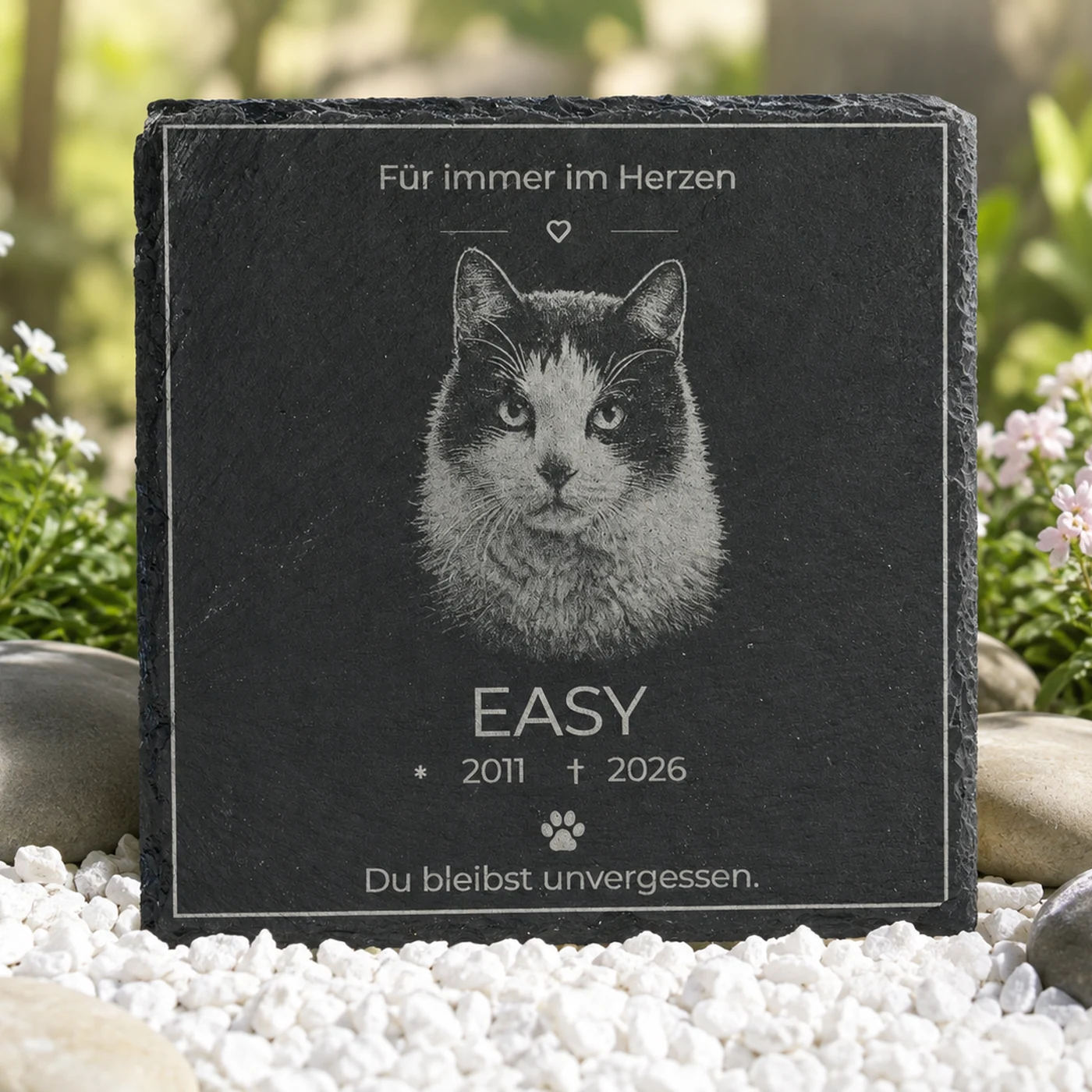 Schlichte Gedenktafel für Hund und Katze aus Schiefer mit großem Tierporträt, Rahmen, Namen und Jahreszahlen – Bild 4 von 4