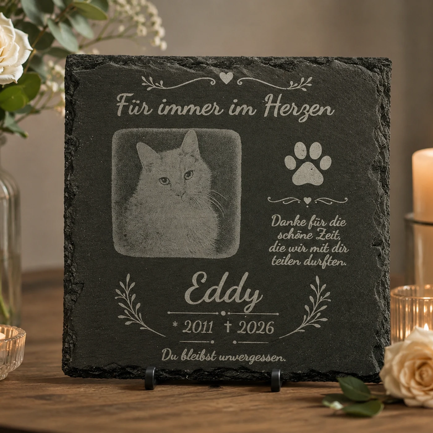 Gedenktafel für Hund und Katze aus Schiefer, graviert mit Tierfoto, Namen, Jahreszahlen, Pfote und Ranken — Ansicht 1 von 4