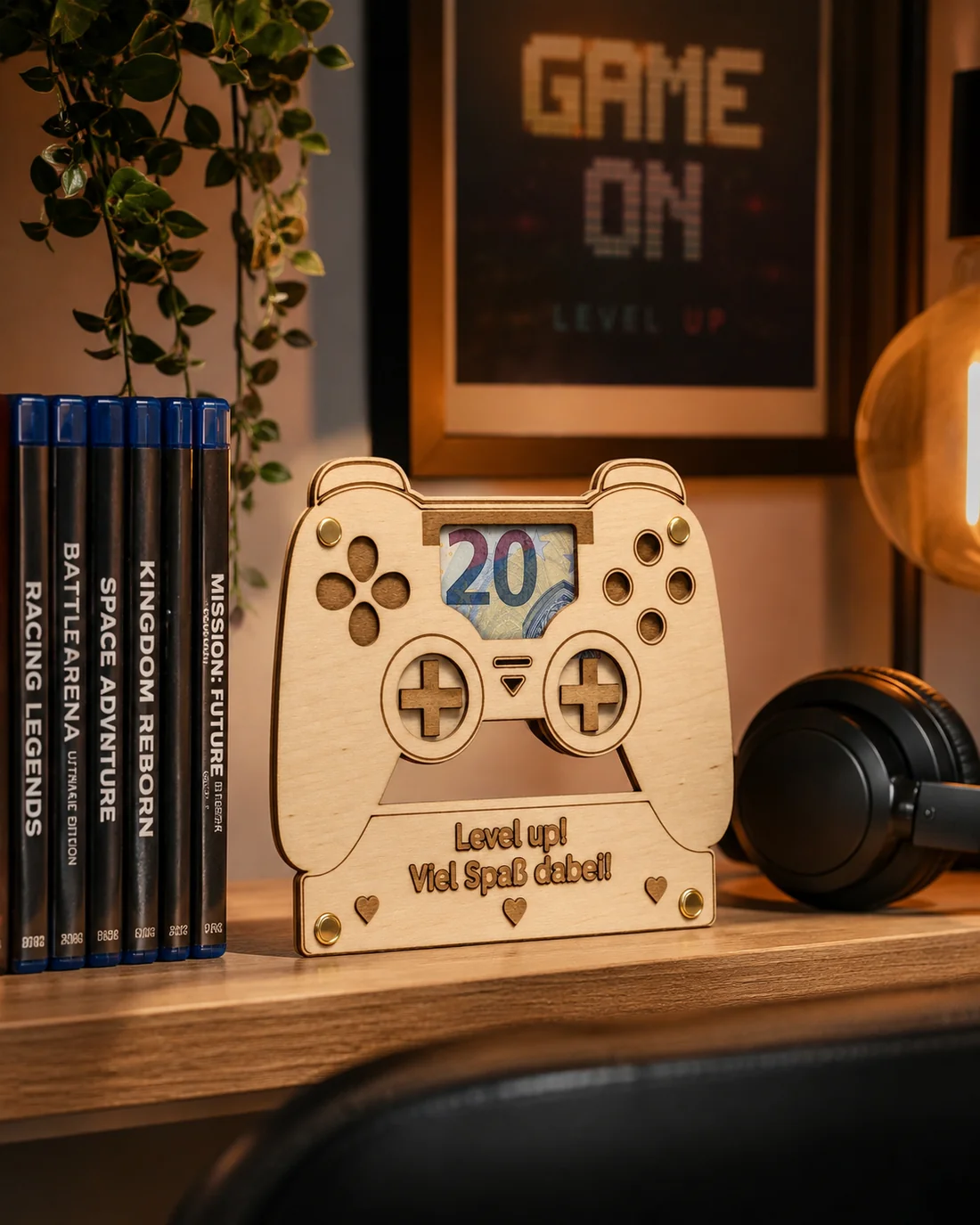 Geldgeschenk für Gamer – Holzkarte Controller, personalisiert – Video