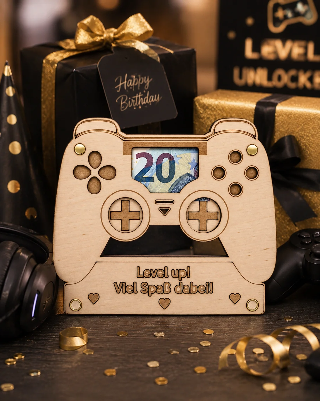 Geldgeschenk-Karte aus Holz in Form eines Gaming-Controllers, ein Geldschein liegt sichtbar hinter dem Displayfenster, darunter die Gravur „Level Up Danny!“ – Bild 3 von 4
