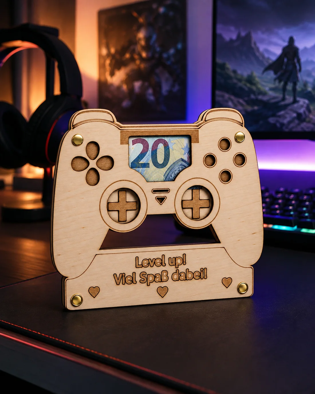 Geldgeschenk-Karte aus Holz in Form eines Gaming-Controllers, ein Geldschein liegt sichtbar hinter dem Displayfenster, darunter die Gravur „Level Up Danny!“ – Bild 4 von 4