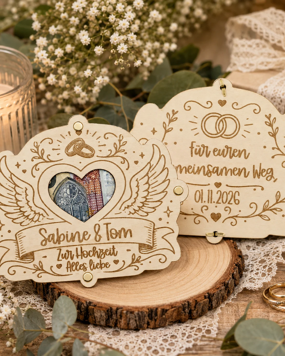 Geldgeschenk zur Hochzeit – Holzkarte mit Flügeln – Video