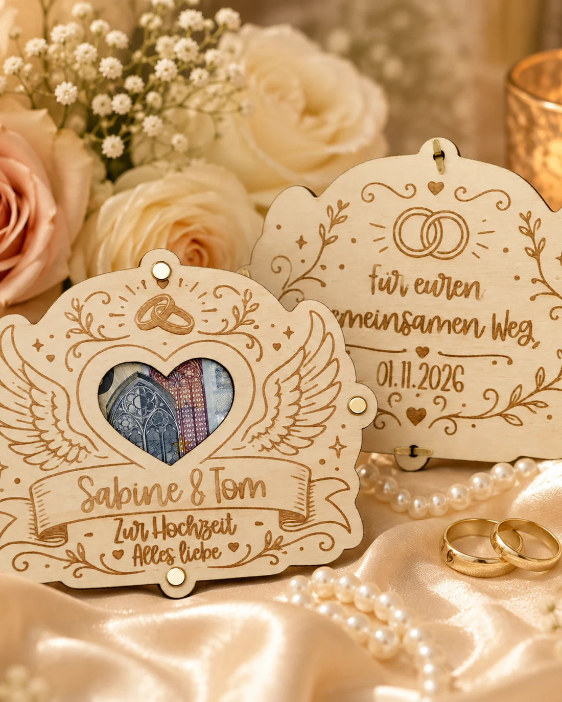 Geldgeschenk-Karte aus Holz mit zwei Flügeln, ein Geldschein liegt sichtbar dazwischen, darunter die Gravur mit den Namen des Brautpaars und dem Hochzeitsdatum – Bild 3 von 5