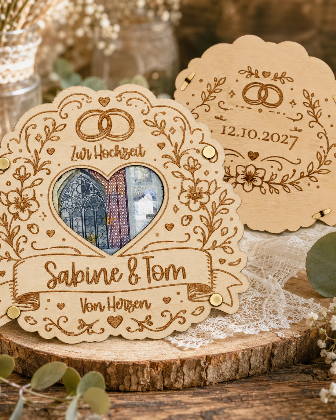 Geldgeschenk zur Hochzeit – Holzkarte mit Blütenkranz – Video