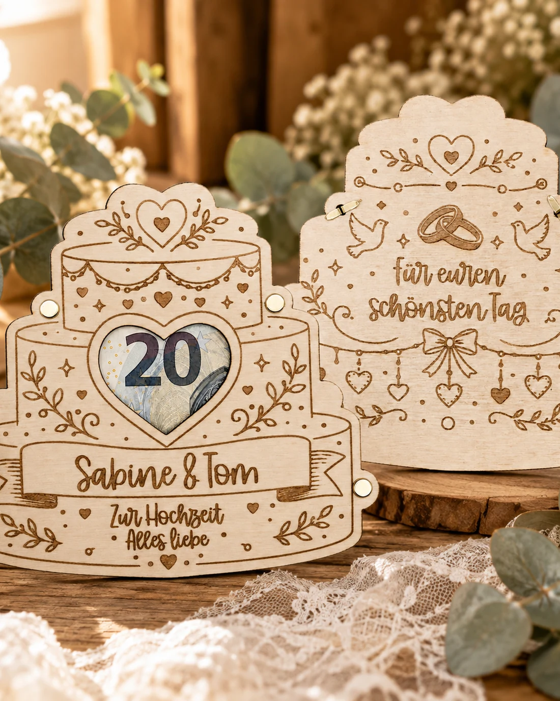 Geldgeschenk zur Hochzeit – Holzkarte mit Hochzeitstorte – Video