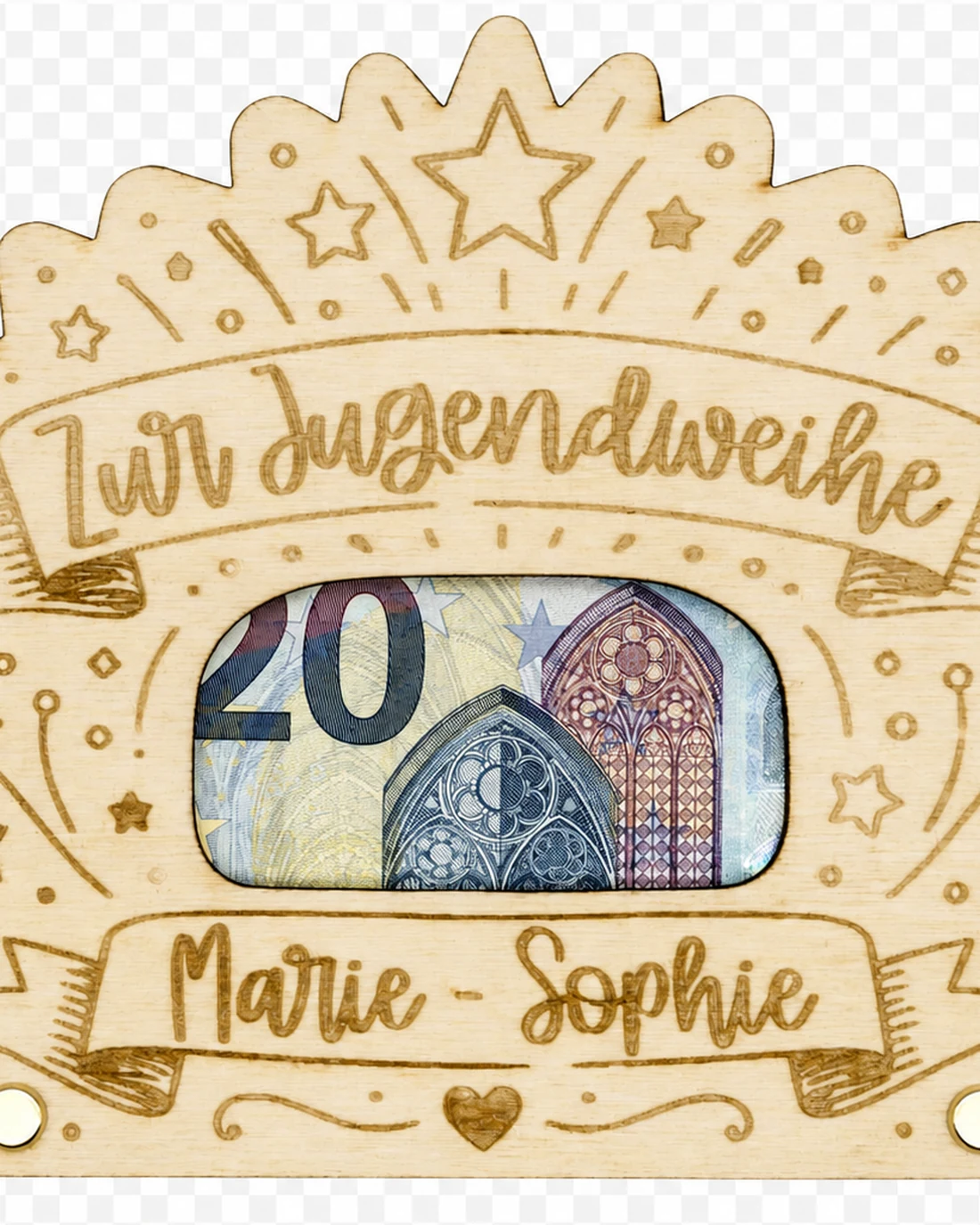 Geldgeschenk-Karte aus Holz zur Jugendweihe, ein Geldschein liegt sichtbar hinter dem Ausschnitt, darunter die Gravur mit Name und Datum – Bild 4 von 5