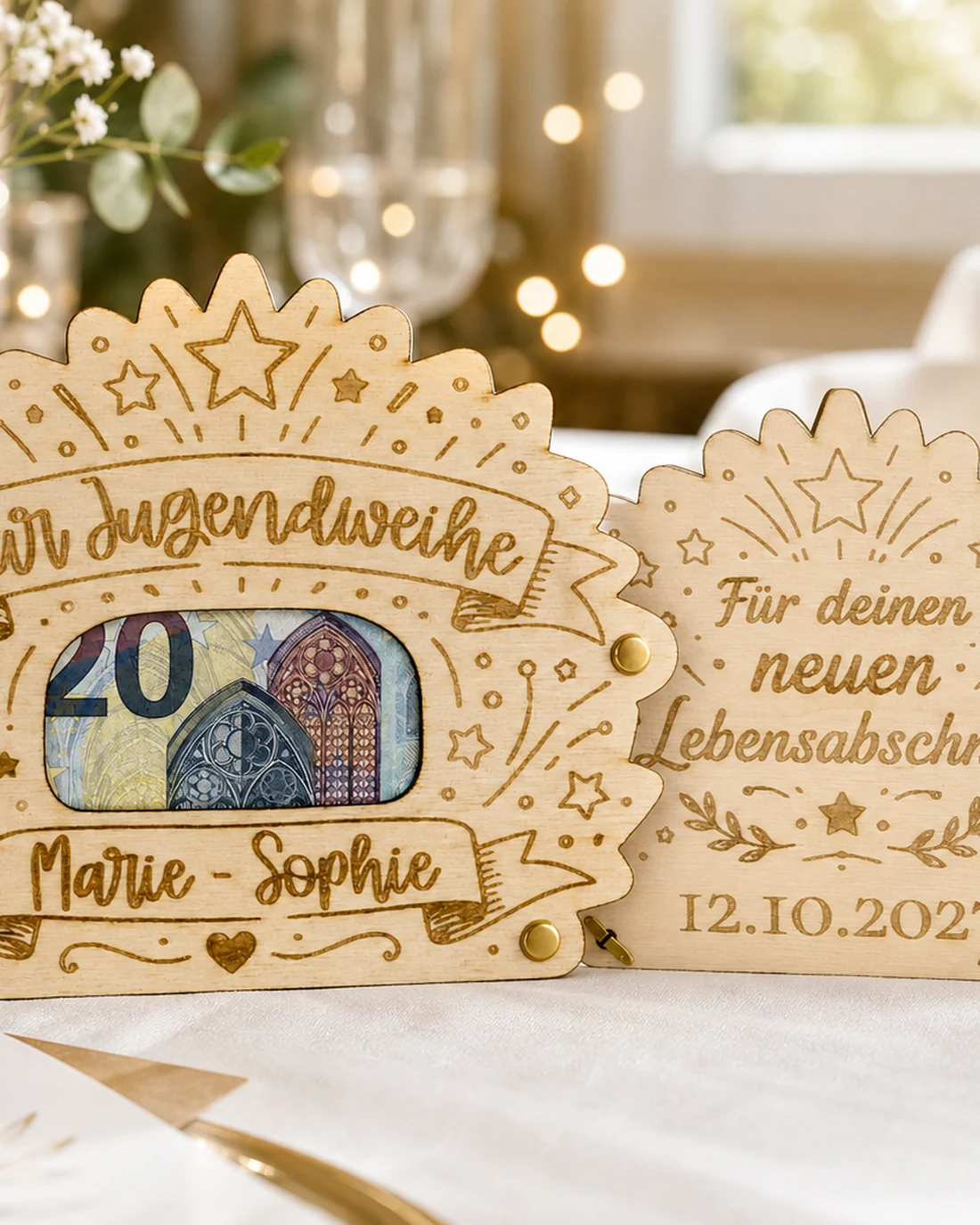 Geldgeschenk zur Jugendweihe – Holzkarte mit Gravur – Video