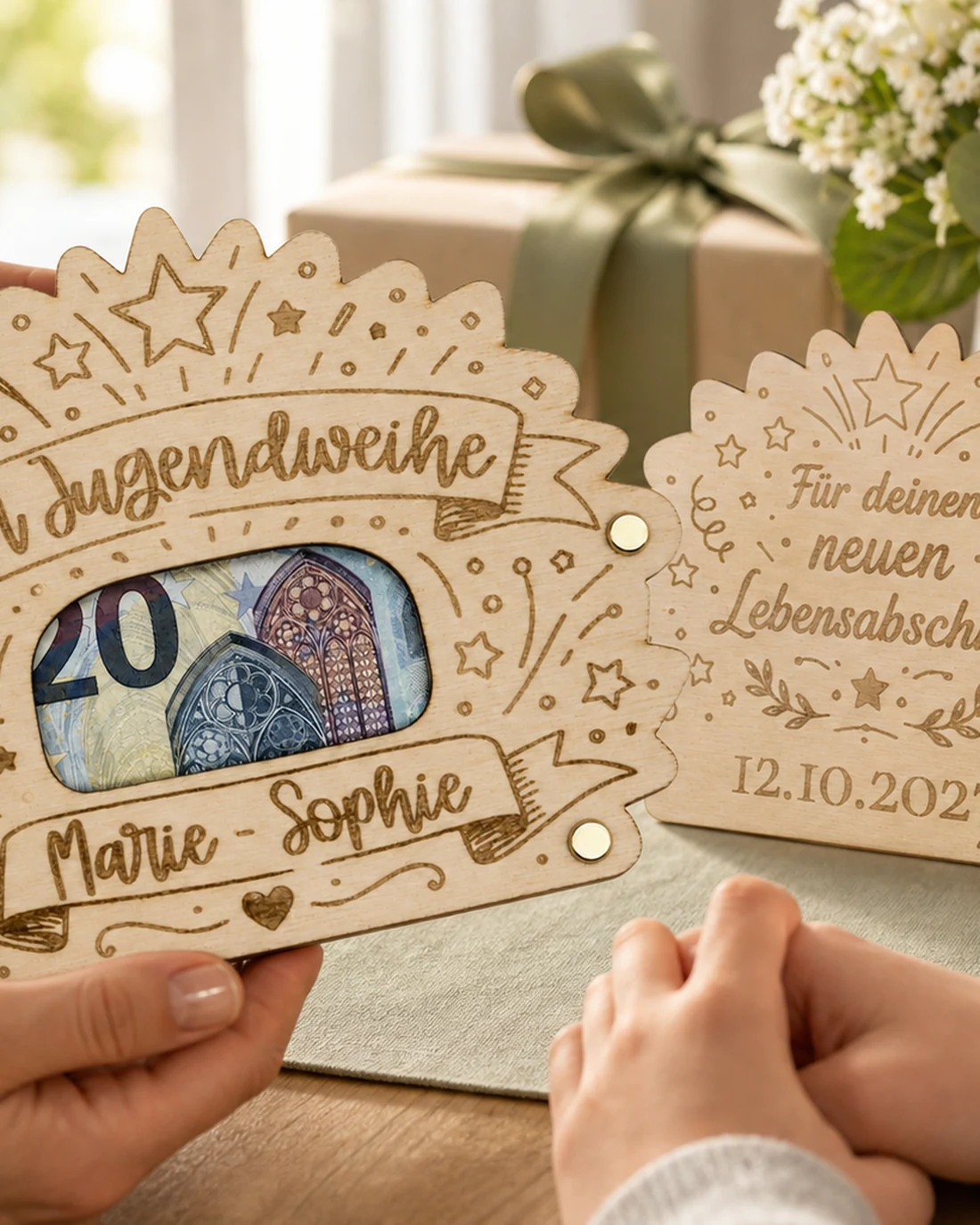 Geldgeschenk-Karte aus Holz zur Jugendweihe, ein Geldschein liegt sichtbar hinter dem Ausschnitt, darunter die Gravur mit Name und Datum – Bild 3 von 5