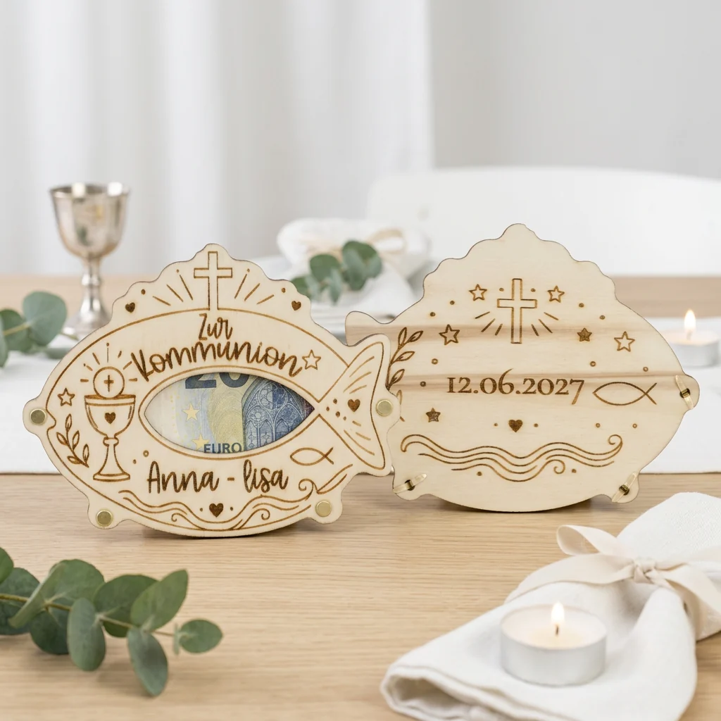 Geldgeschenk zur Kommunion aus Holz in Fischform mit graviertem Namen, Datum, Kelch und Kreuz, Geldschein sichtbar im Fenster – Bild 3 von 4