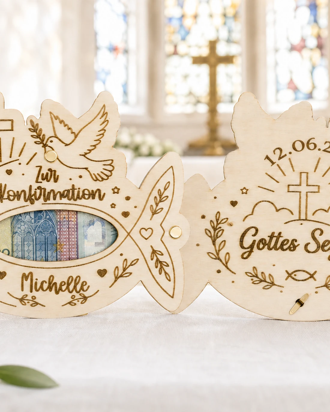 Geldgeschenk zur Konfirmation – Holzkarte mit Namen und Datum – Video