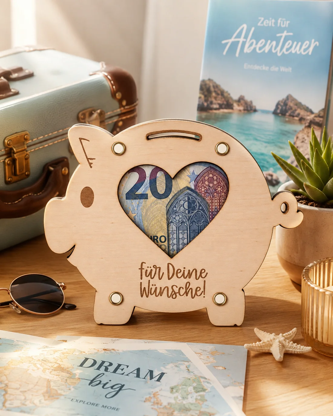 Geldgeschenk-Karte aus Holz in Sparschwein-Form, ein Geldschein liegt sichtbar hinter dem Herzfenster, darunter die Gravur „Für Deine Wünsche!“ – Bild 4 von 4