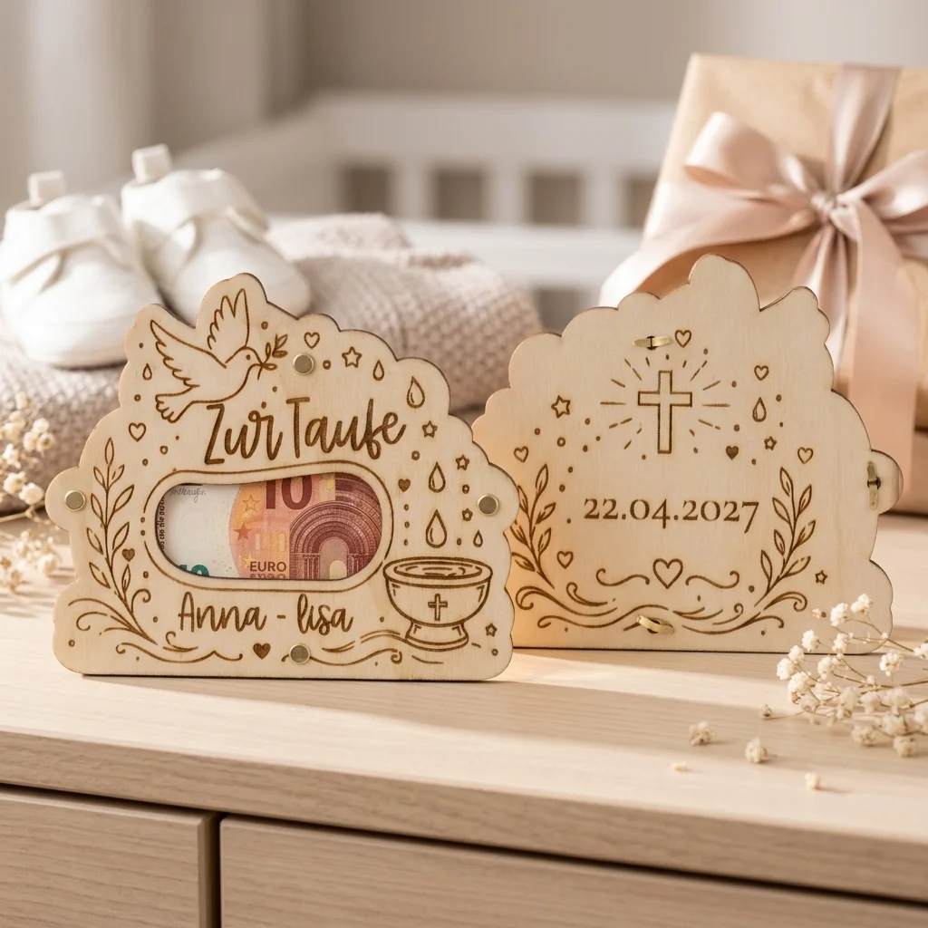 Geldgeschenk zur Taufe aus Holz mit graviertem Namen, Taufdatum, Taube, Taufbecken und Kreuz, Geldschein sichtbar im Fenster – Bild 4 von 4