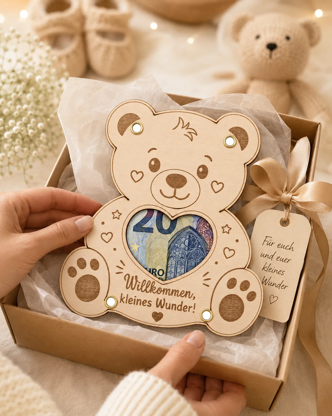 Geldgeschenk-Karte aus Holz in Form eines Teddybären, ein Geldschein liegt sichtbar hinter dem Herzfenster, darunter die Gravur „Willkommen, kleines Wunder!“ – Bild 4 von 4