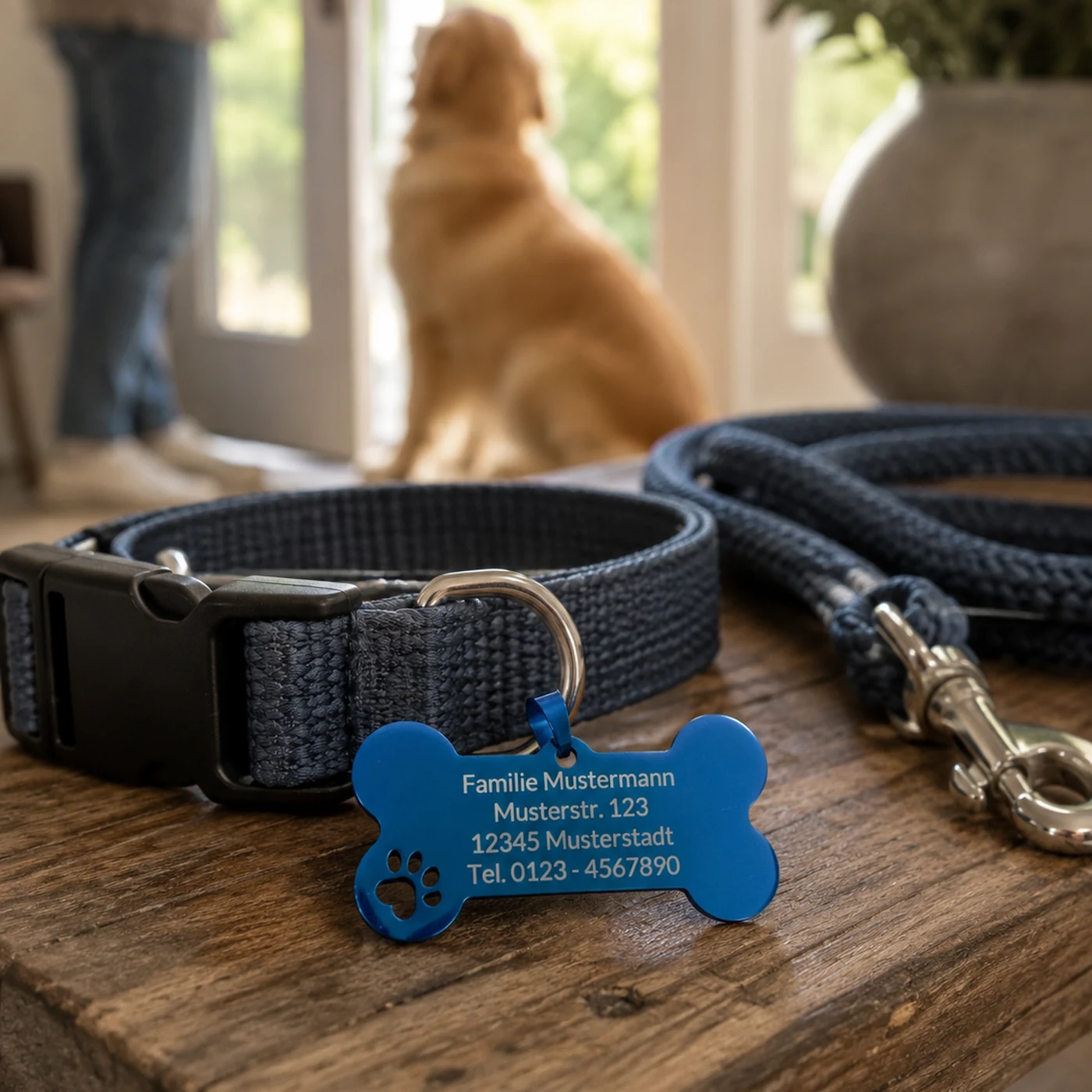 Blau Hundemarke in Knochenform, graviert mit dem Namen des Hundes auf der Vorderseite – Bild 3 von 6