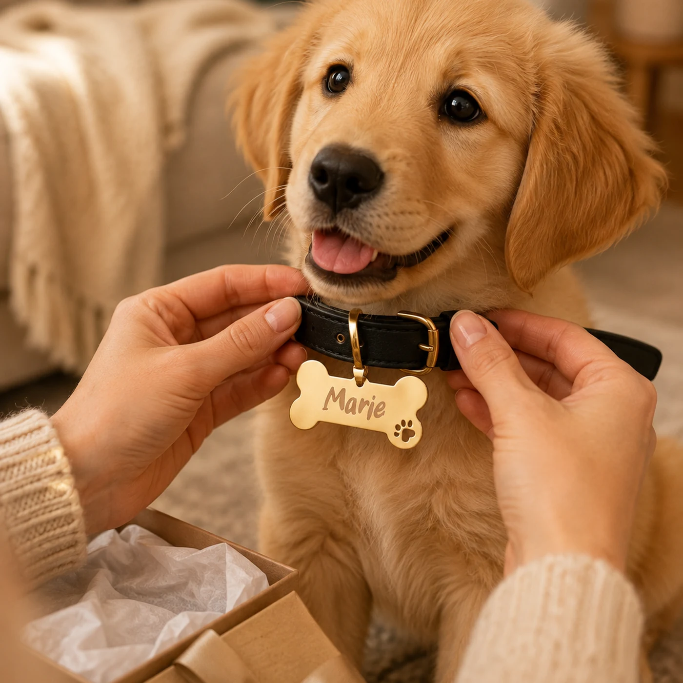 Gold Hundemarke in Knochenform, graviert mit dem Namen des Hundes auf der Vorderseite — Ansicht 1 von 6
