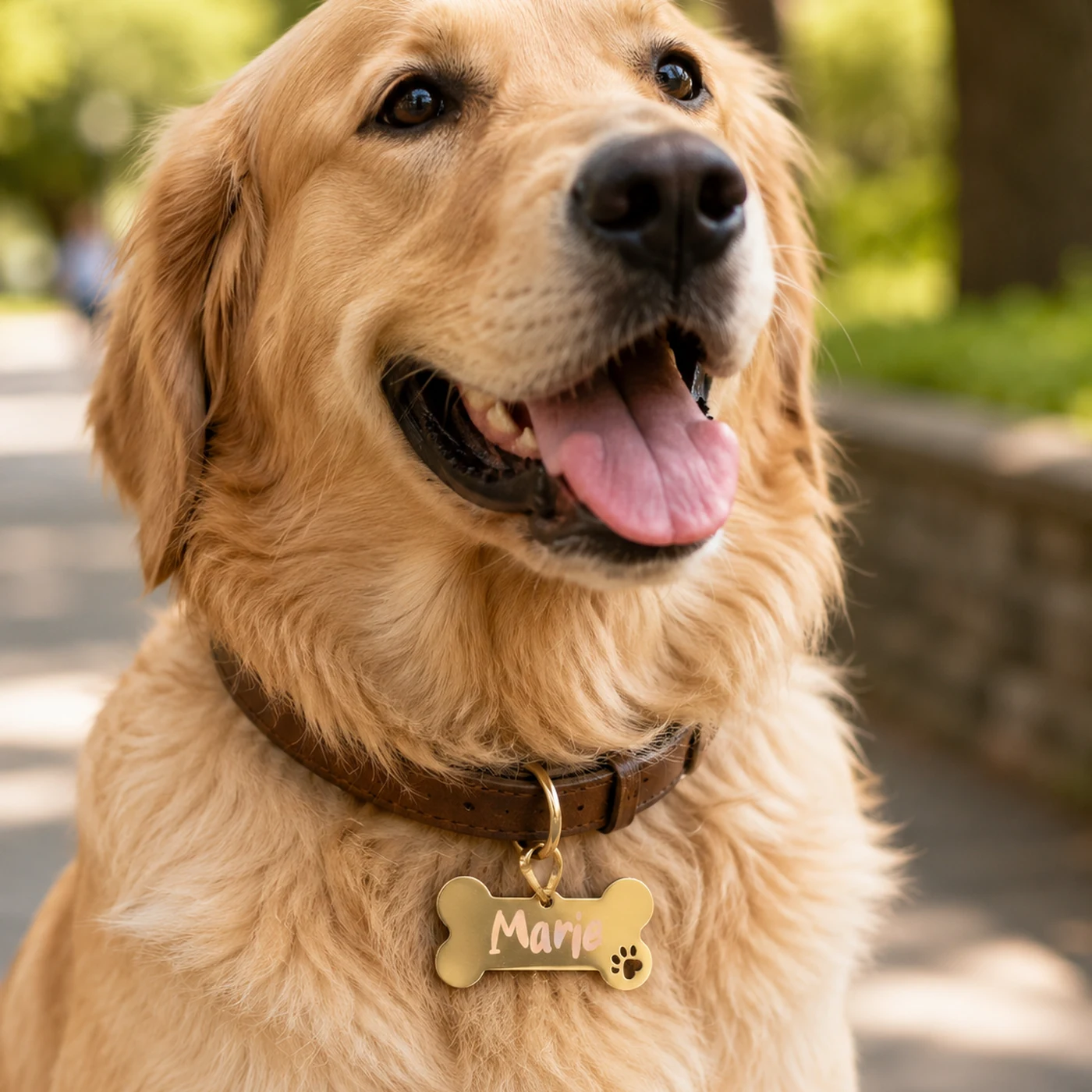 Gold Hundemarke in Knochenform, graviert mit dem Namen des Hundes auf der Vorderseite – Bild 2 von 6