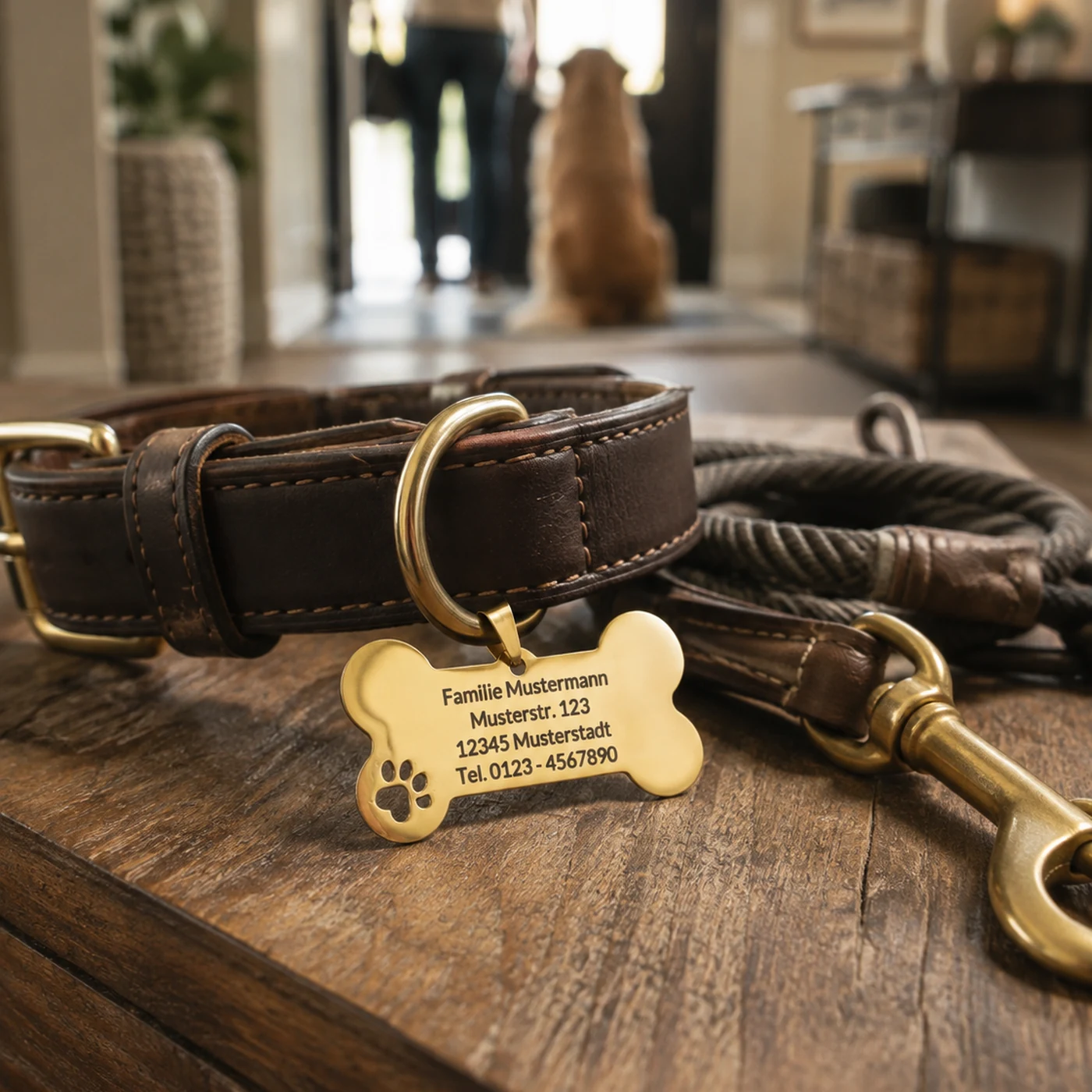 Gold Hundemarke in Knochenform, graviert mit dem Namen des Hundes auf der Vorderseite – Bild 3 von 6