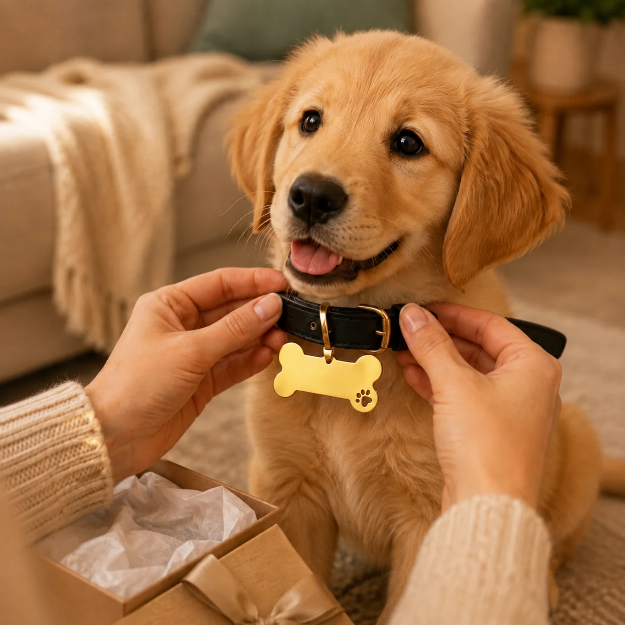 Gold Hundemarke in Knochenform, graviert mit dem Namen des Hundes auf der Vorderseite – Bild 4 von 6