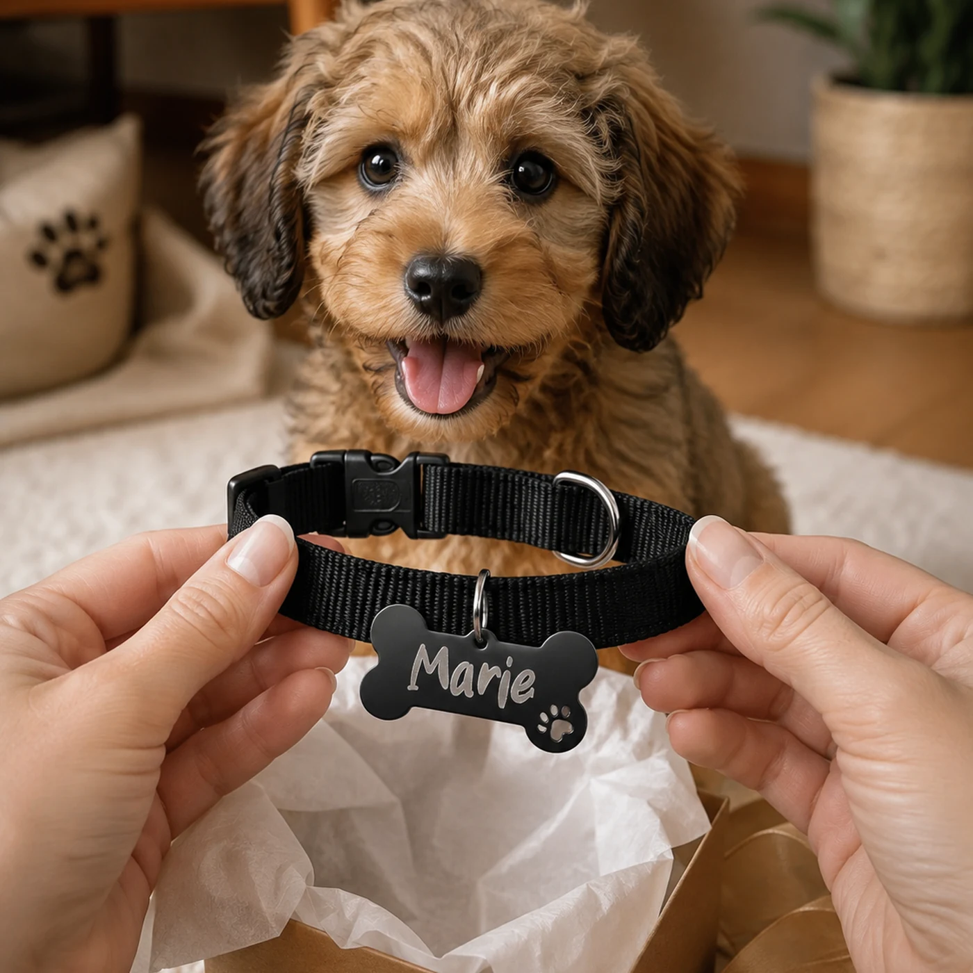 Schwarz Hundemarke in Knochenform, graviert mit dem Namen des Hundes auf der Vorderseite — Ansicht 1 von 6