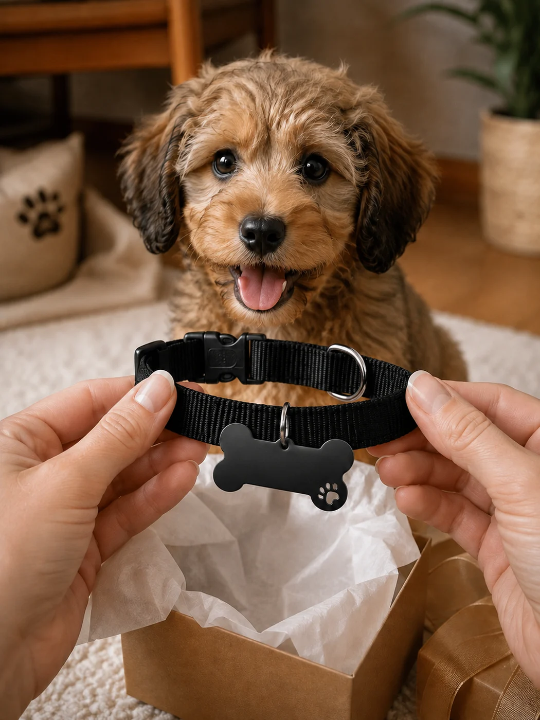 Schwarz Hundemarke in Knochenform, graviert mit dem Namen des Hundes auf der Vorderseite – Bild 4 von 6