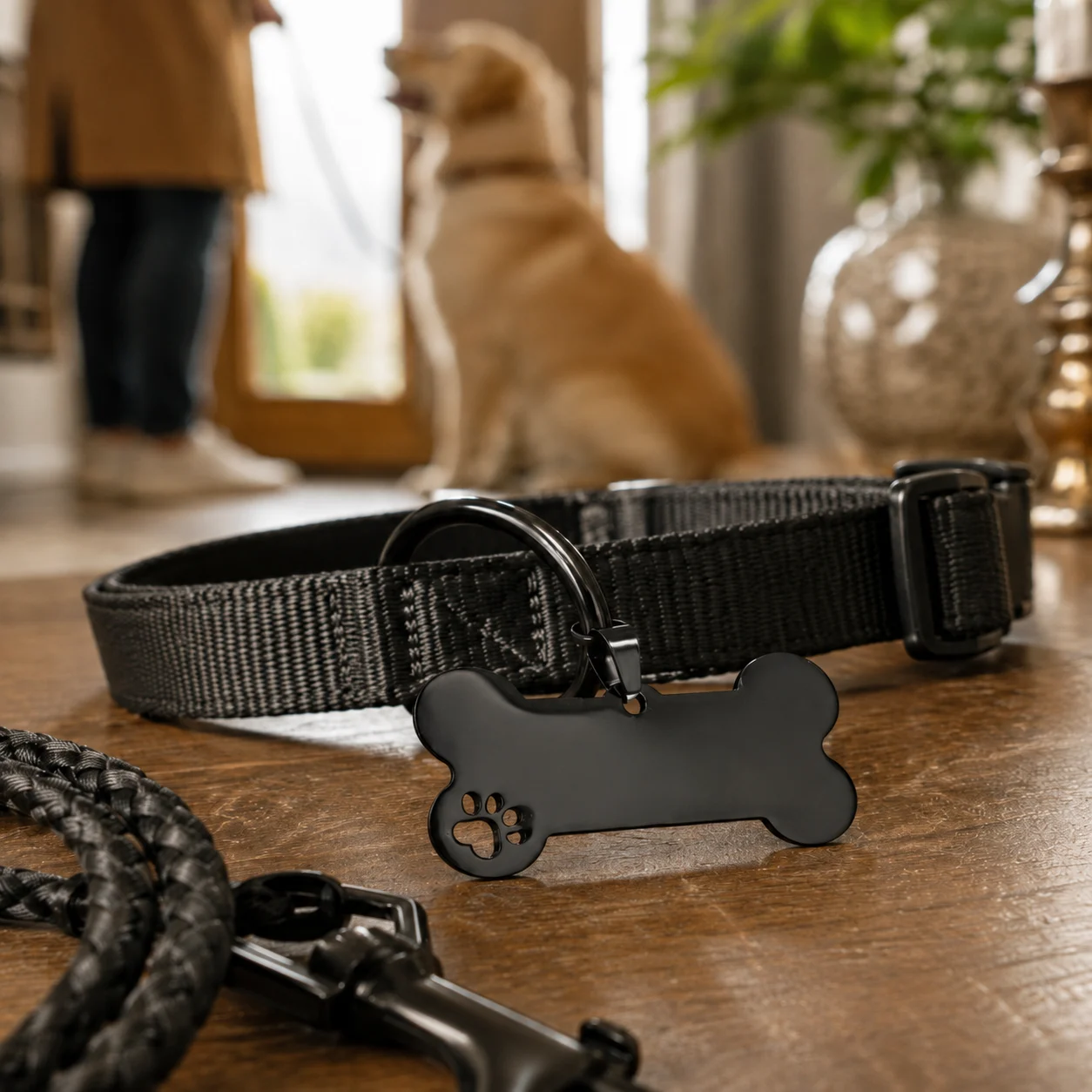 Schwarz Hundemarke in Knochenform, graviert mit dem Namen des Hundes auf der Vorderseite – Bild 6 von 6