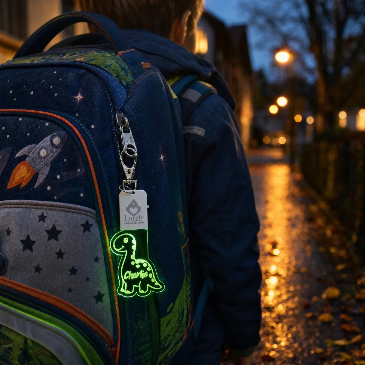 LED-Schlüsselanhänger Dino aus graviertem Acrylglas mit Namen, leuchtend, mit weißem Leuchtmodul und Karabiner – Bild 2 von 5