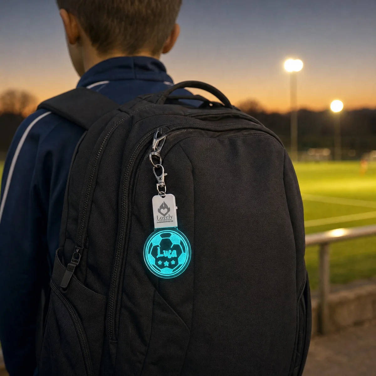 LED-Schlüsselanhänger Fußball aus graviertem Acrylglas mit Namen, leuchtend, mit weißem Leuchtmodul und Karabiner – Bild 2 von 5