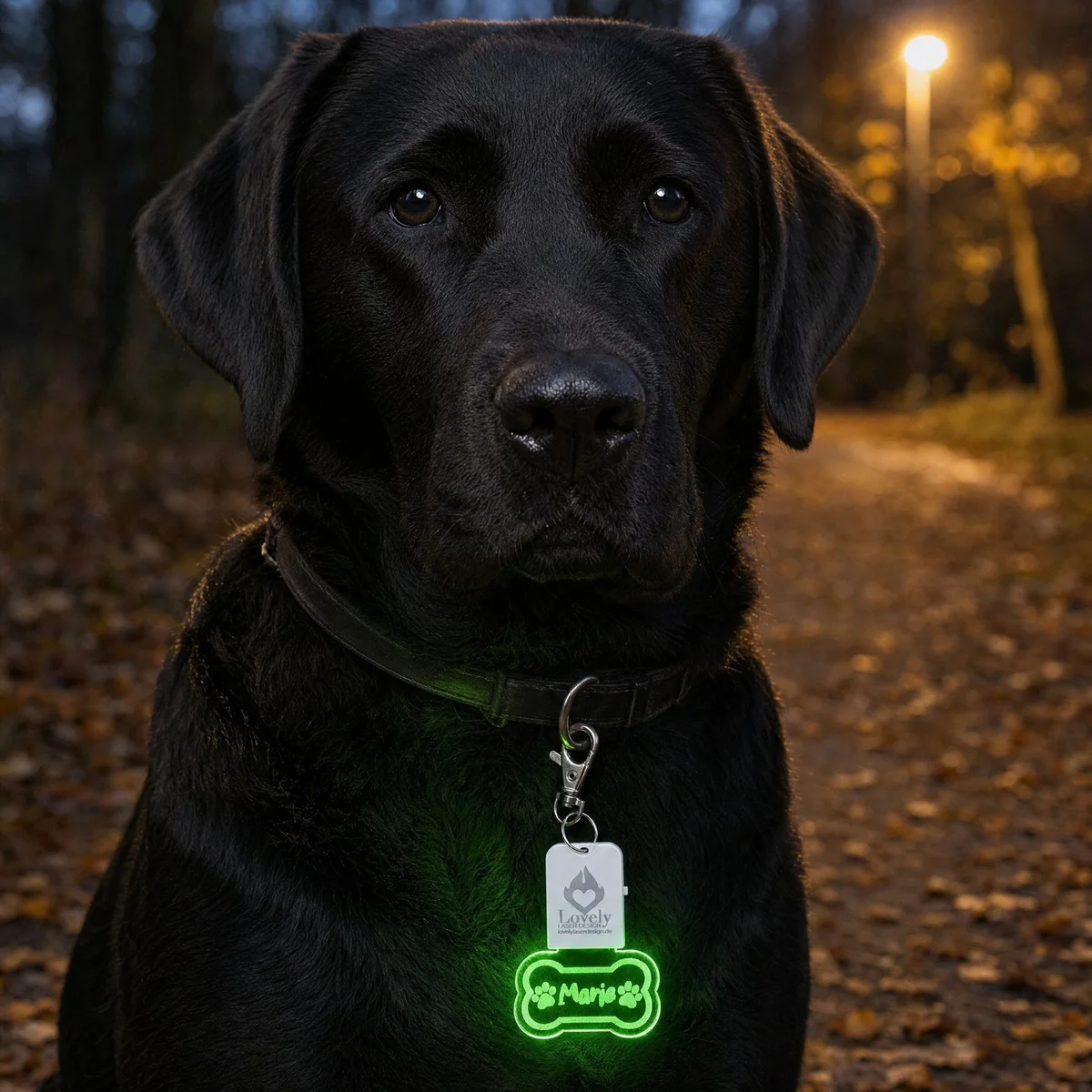 LED-Schlüsselanhänger Knochen aus graviertem Acrylglas mit Hundenamen, leuchtend, mit weißem Leuchtmodul und Karabiner – Bild 2 von 5