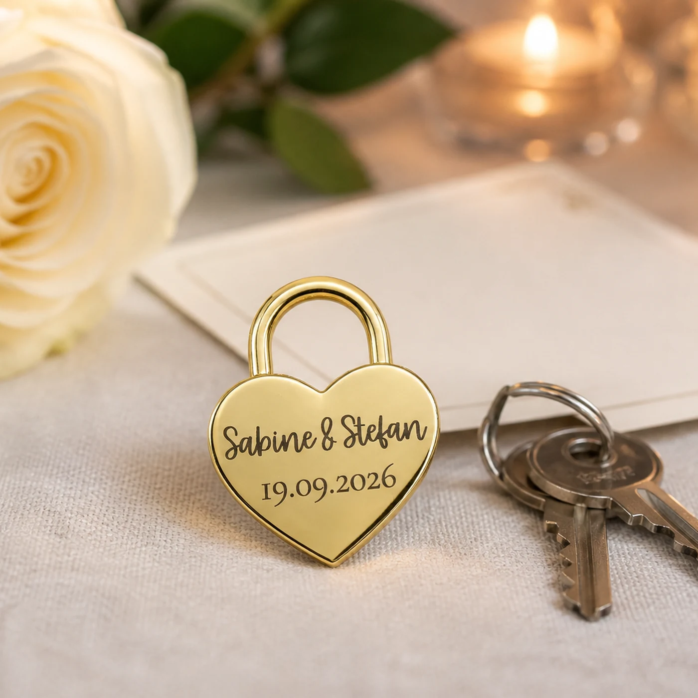 Kleines goldenes Liebesschloss in Herzform mit gravierten Namen und Datum, mit Schlüssel — Ansicht 1 von 3