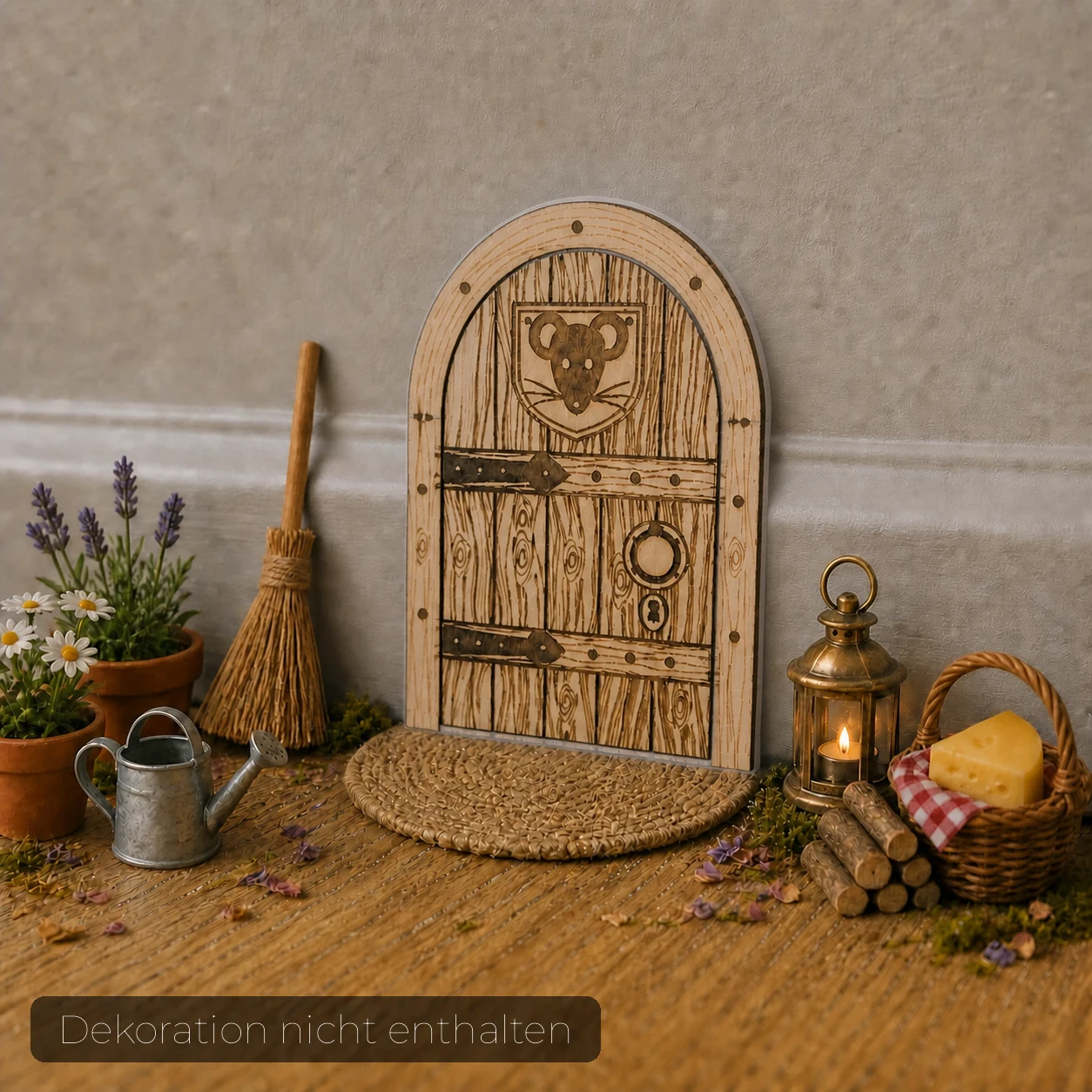 Rustikale Mäusetür aus Holz an der Sockelleiste, mit graviertem Maus-Wappen, Beschlägen und Türklopfer – Bild 2 von 4