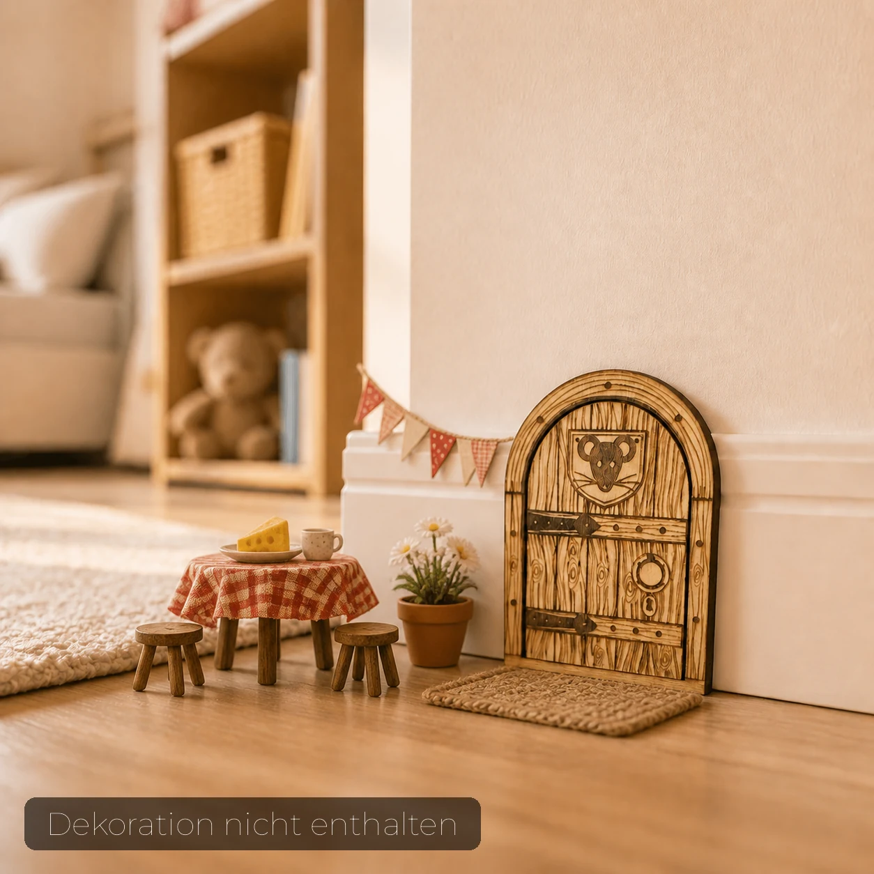 Rustikale Mäusetür aus Holz an der Sockelleiste, mit graviertem Maus-Wappen, Beschlägen und Türklopfer – Bild 4 von 4