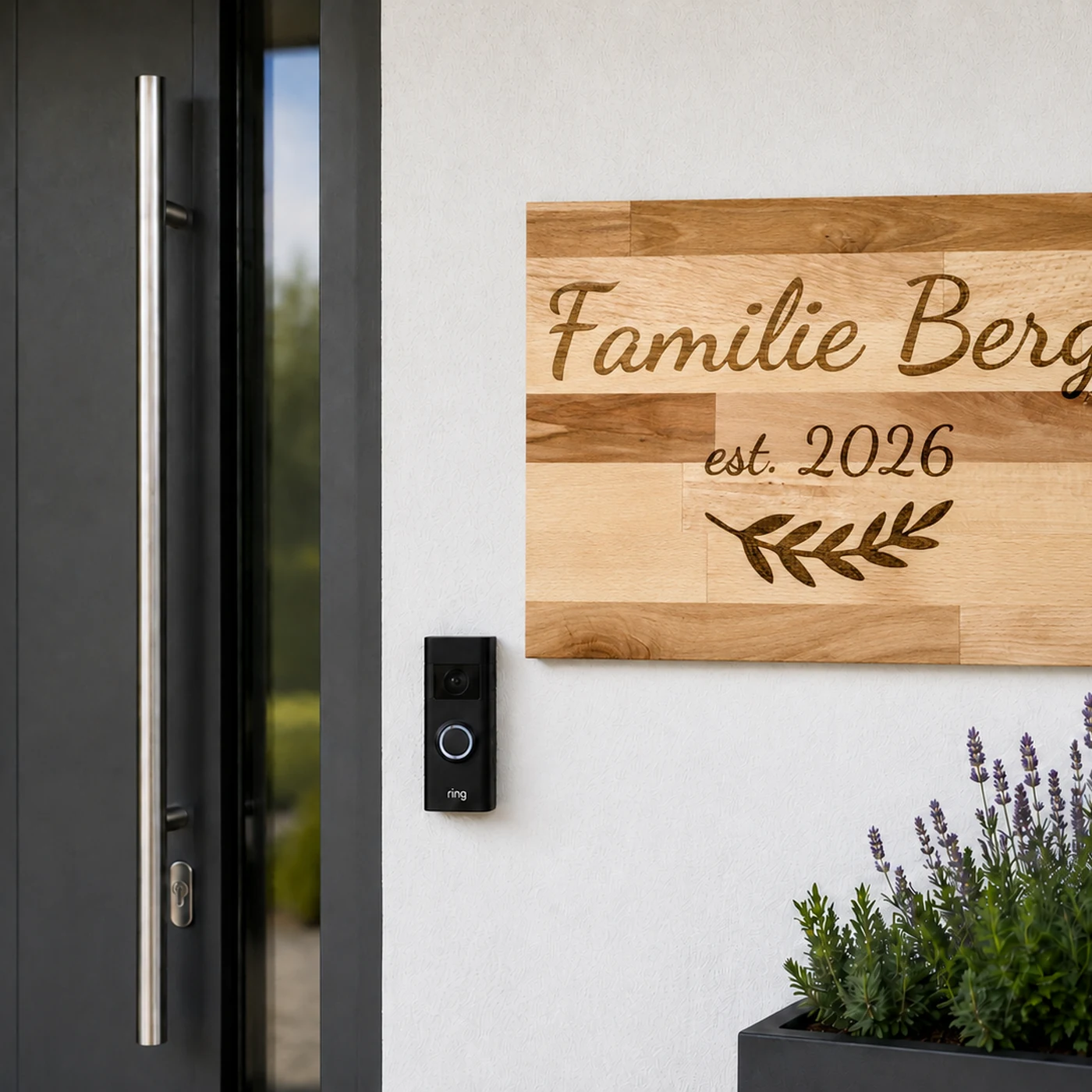 Namensschild aus Buchenholz mit Familiennamen in Schreibschrift graviert, im Eingangsbereich hängend – Bild 3 von 4