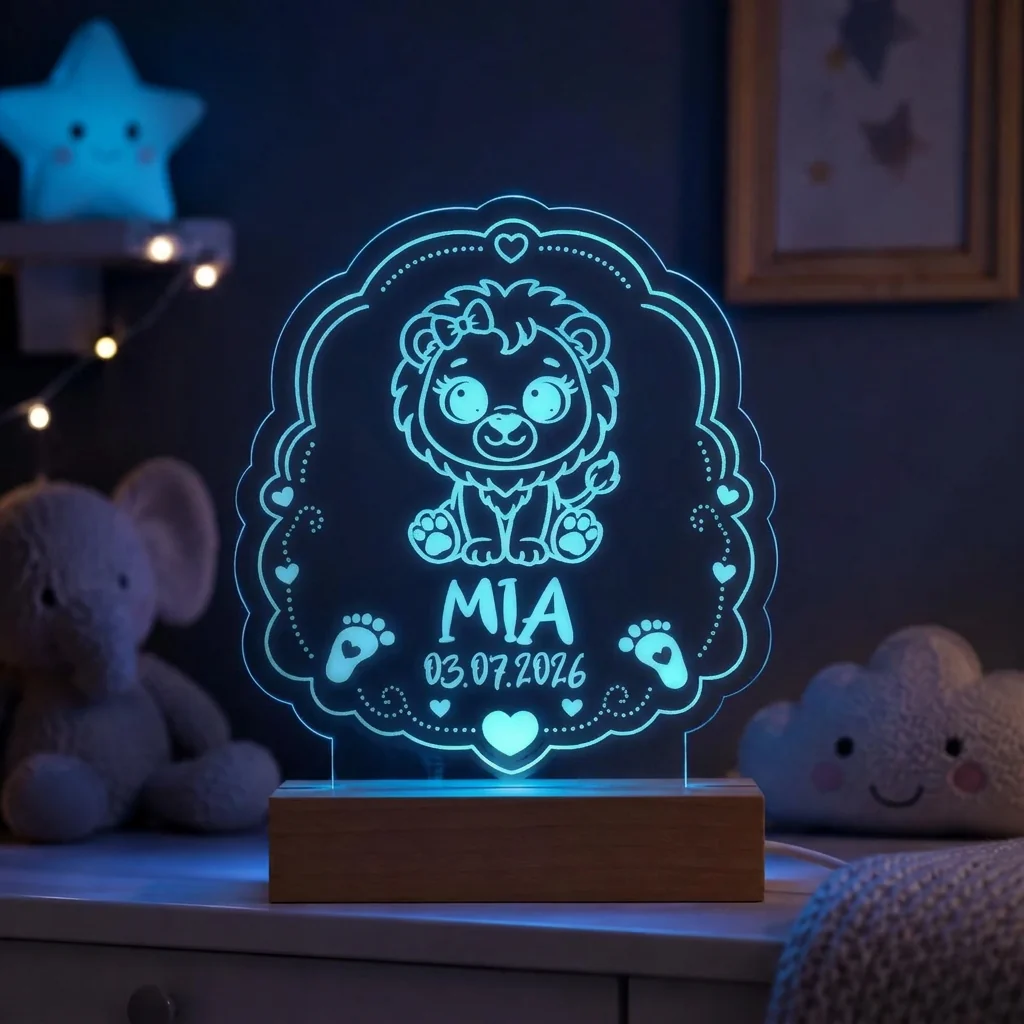 Personalisiertes LED-Nachtlicht für Kinder aus graviertem Acryl mit Löwen-Motiv, Name und Geburtsdatum, blau leuchtend im Kinderzimmer – Bild 2 von 8