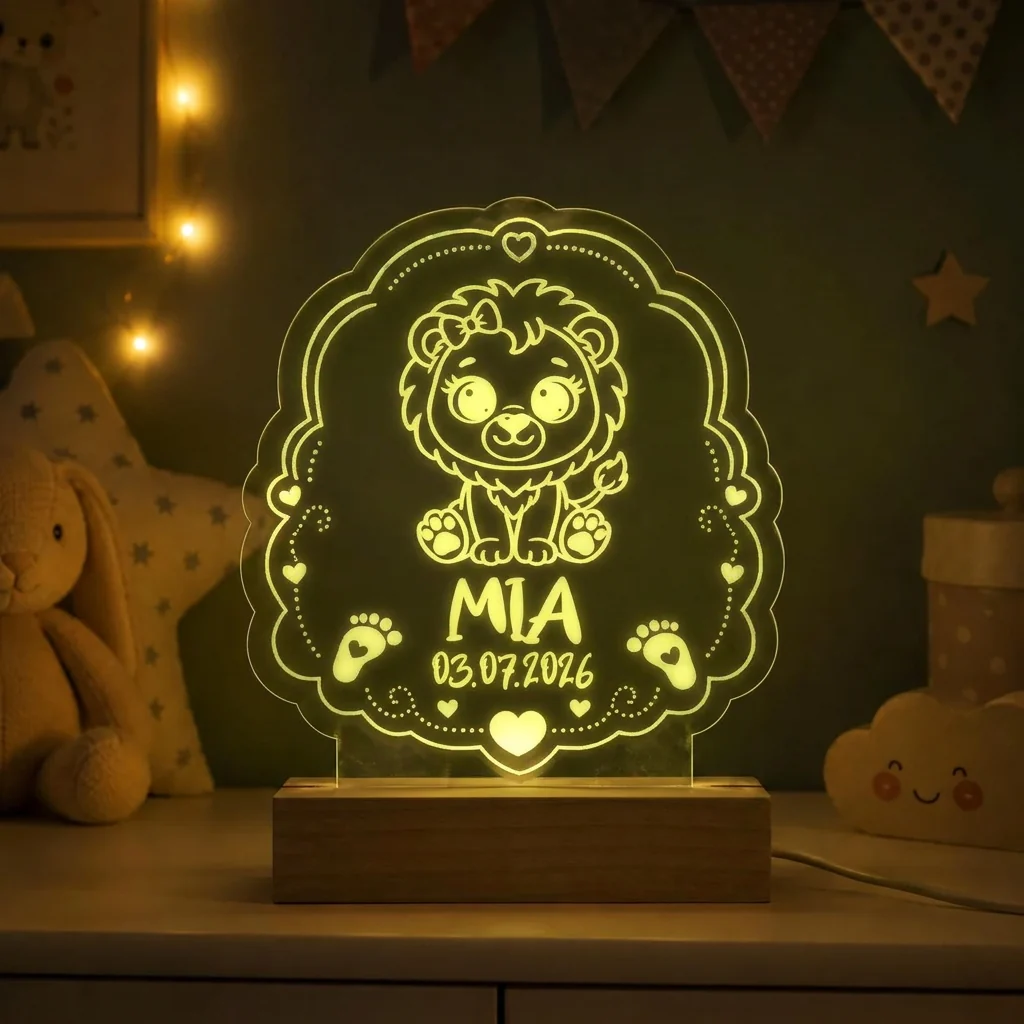 Personalisiertes LED-Nachtlicht für Kinder aus graviertem Acryl mit Löwen-Motiv, Name und Geburtsdatum, blau leuchtend im Kinderzimmer – Bild 3 von 8