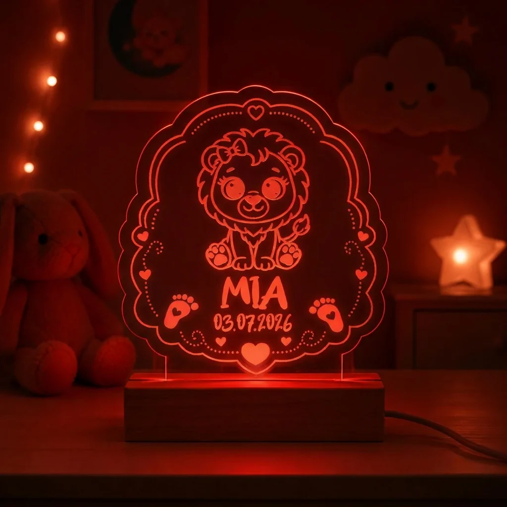 Personalisiertes LED-Nachtlicht für Kinder aus graviertem Acryl mit Löwen-Motiv, Name und Geburtsdatum, blau leuchtend im Kinderzimmer – Bild 4 von 8