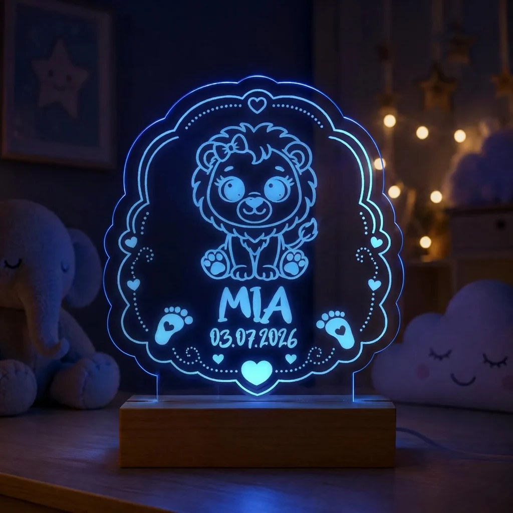 Personalisiertes LED-Nachtlicht für Kinder aus graviertem Acryl mit Löwen-Motiv, Name und Geburtsdatum, blau leuchtend im Kinderzimmer – Bild 5 von 8